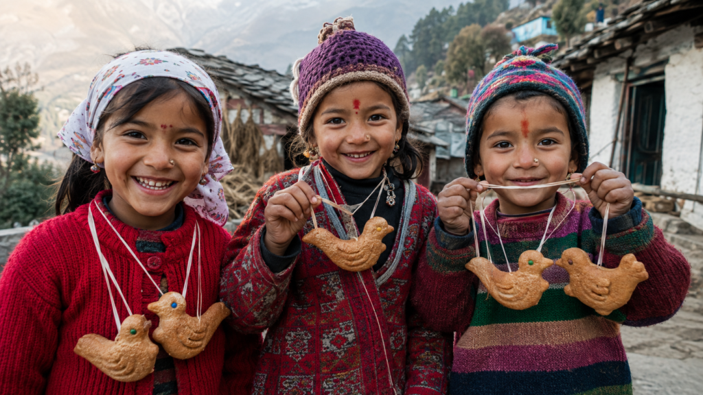 Children celebrating Ghughutiya Festival in Kumaon with traditional sweets