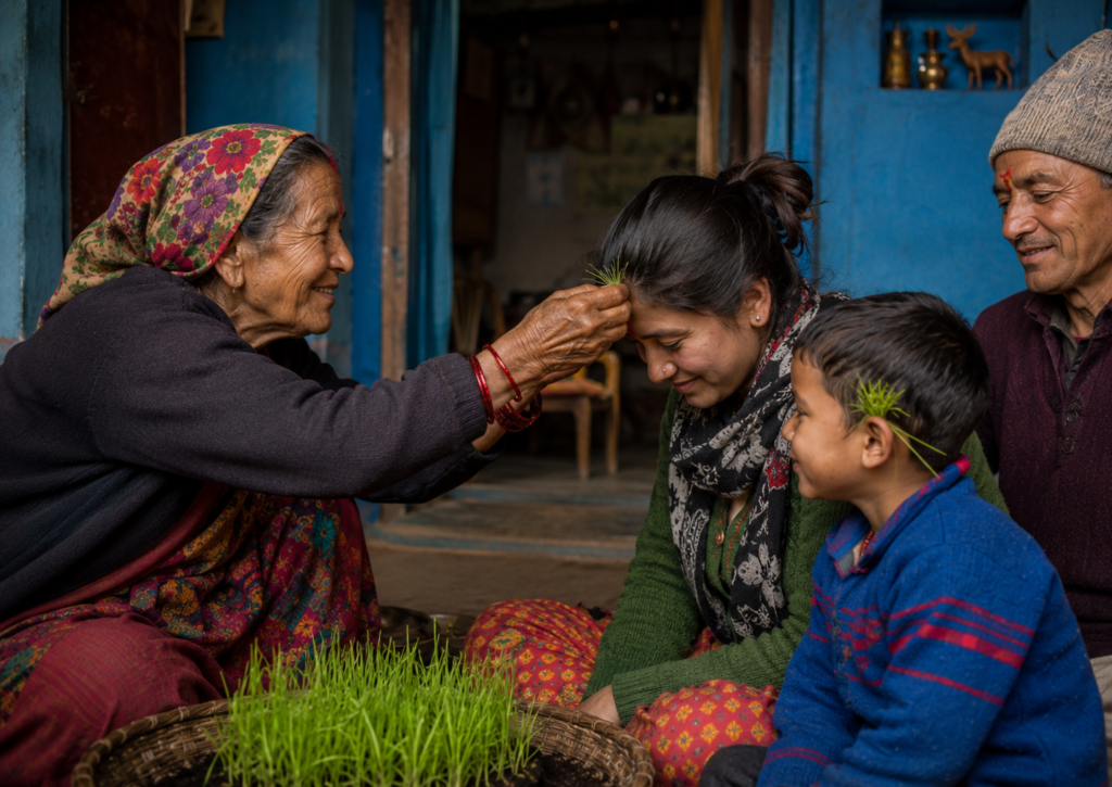 Family members receiving Harela blessings in Uttarakhand