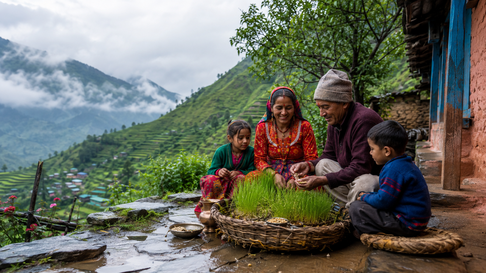 Harela Festival celebration in Uttarakhand with green seedlings and Kumaoni family