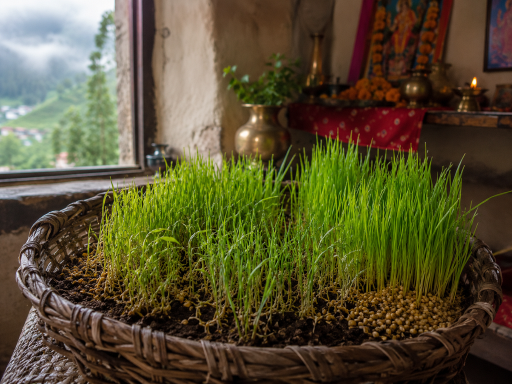 Green Harela seedlings grown from traditional grains in Uttarakhand