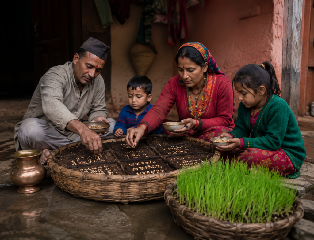 Traditional Harela seed sowing ritual in a Kumaoni household