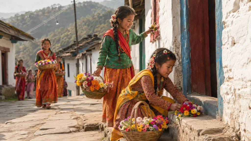 Young girls celebrating Phool Dei Festival in Uttarakhand with fresh flowers