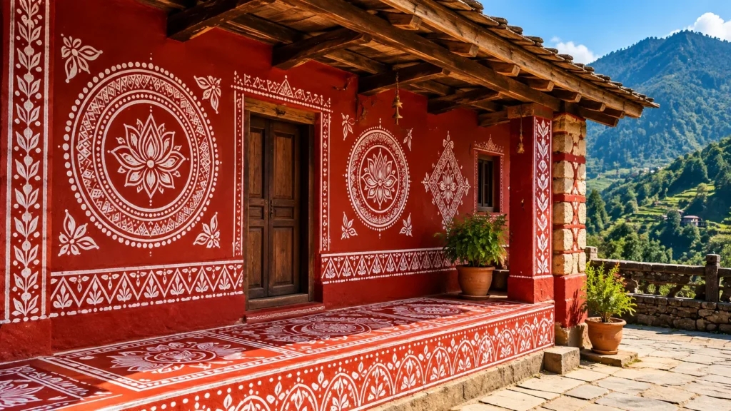Traditional Aipan art on a Kumaoni house entrance