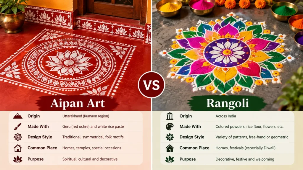 Visual comparison of Aipan art and Rangoli