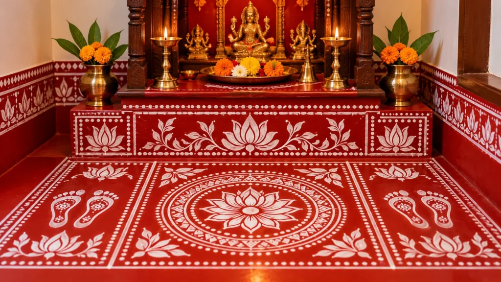 Aipan-inspired red and white design for mandir decoration