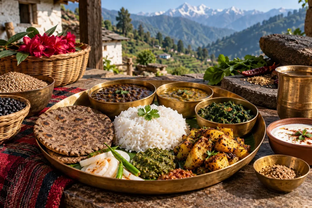 Traditional Kumaoni food thali with bhatt ki churkani, madua roti, aloo ke gutke and local pahadi dishes