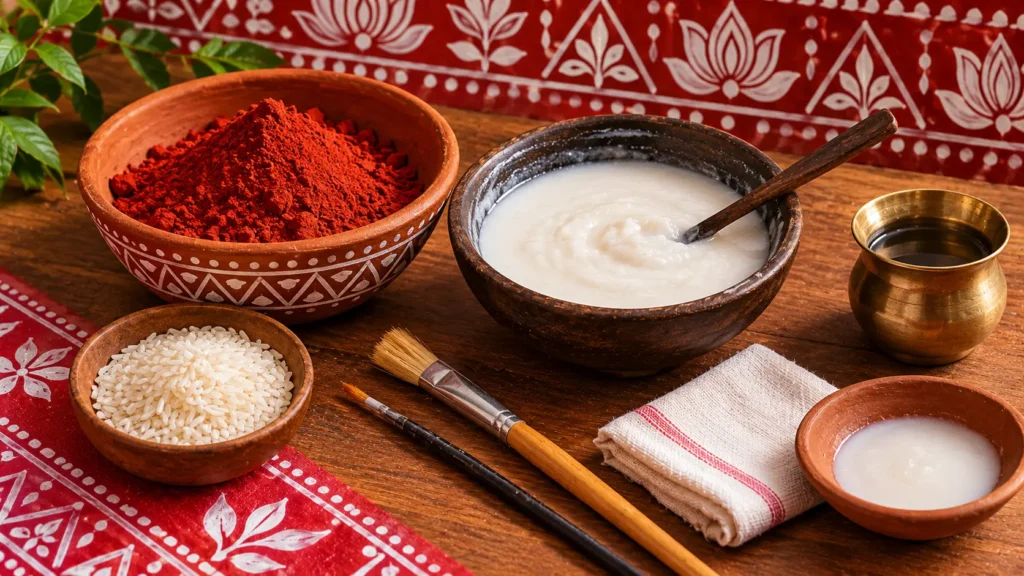 Geru and white rice paste used for traditional Aipan art