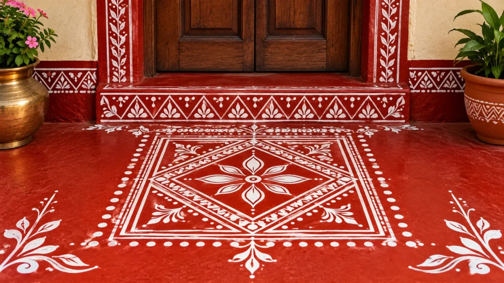 Traditional Aipan art at the entrance of a Kumaoni home