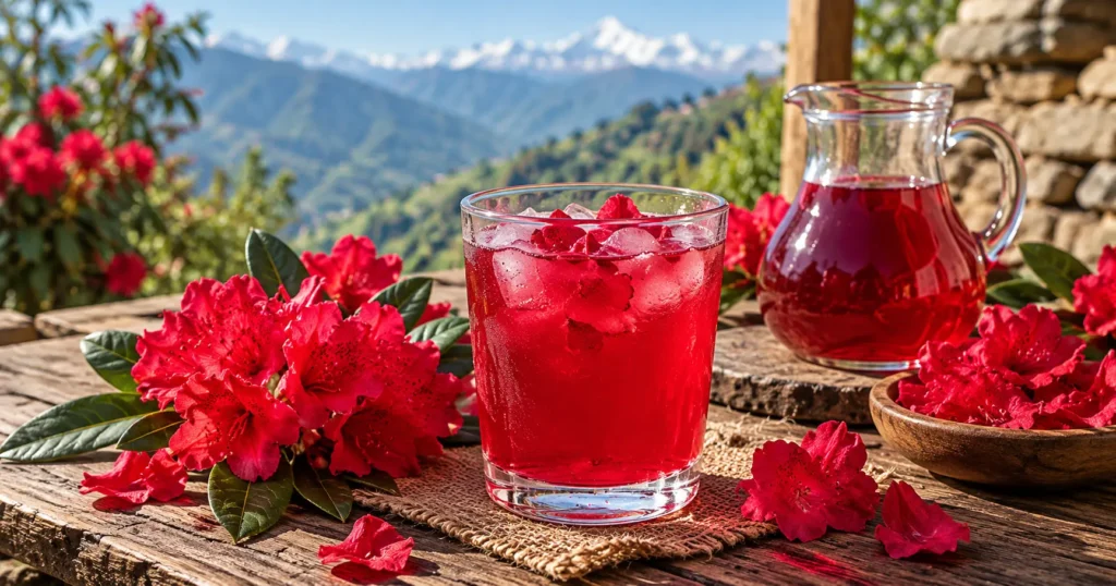 Traditional Kumaoni buransh juice made from Himalayan rhododendron flowers, served in a glass with fresh red buransh blossoms and green leaves against a scenic Himalayan mountain backdrop.