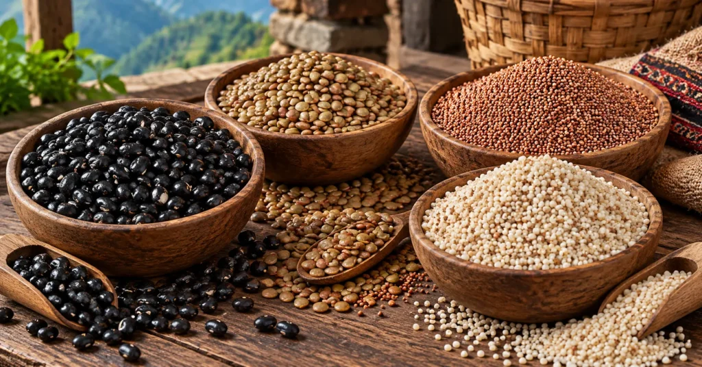 Traditional Kumaoni ingredients from Uttarakhand including black bhatt soybeans, brown gahat pulses, madua finger millet and pale jhangora barnyard millet in rustic wooden bowls.