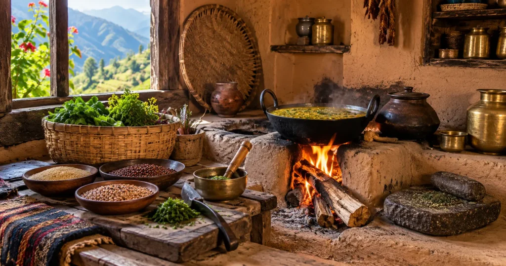Traditional Kumaoni Pahadi village kitchen in Uttarakhand featuring an earthen wood-fired chulha, iron kadai with simmering dal, brass utensils, stone grinding slab, woven basket of fresh greens and local grains, with Himalayan mountains visible through the window.