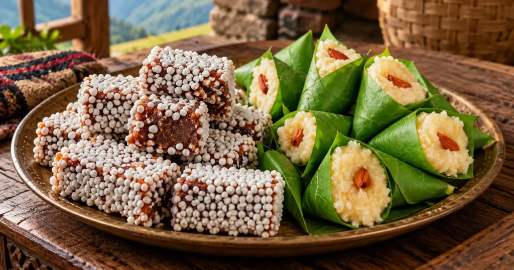Traditional Kumaoni sweets from Uttarakhand featuring dark brown Bal Mithai coated with white sugar balls and creamy Singori wrapped in green Maalu leaves, served on a rustic platter.